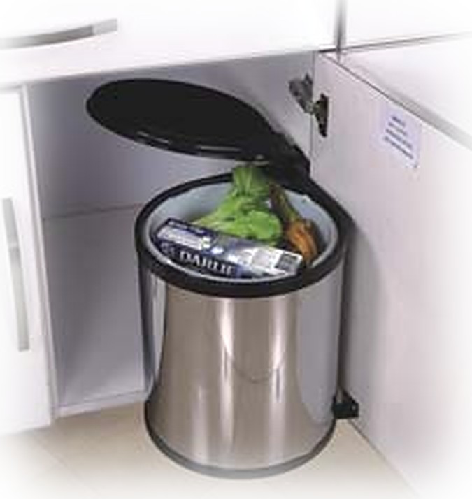 Round chrome-polished 14 litre door-mounted bin with lid inside a white cabinet