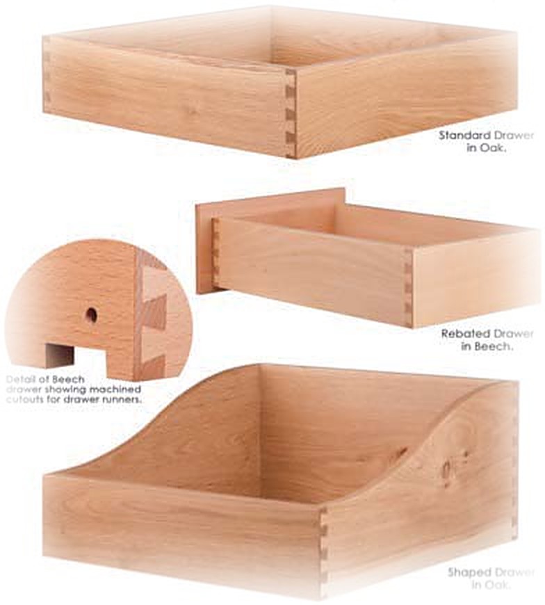 Solid wood dovetail drawers: standard drawer in oak, rebated drawer in beech and shaped drawer in oak, with runner cut-out detail