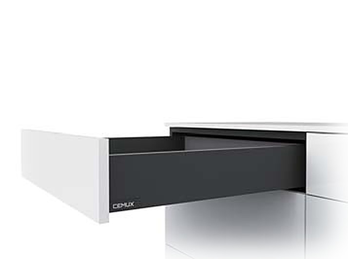 Cemux H box slim-wall drawer H84 in grey, soft-close, open from a white cabinet
