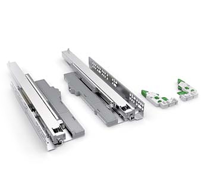 Pair of R113 concealed undermount drawer slides in galvanised steel with green locking devices