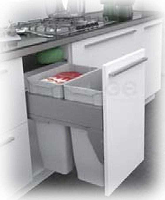SIGE grey pull-out waste bin with integrated lid on soft-close undermount runners in a white kitchen
