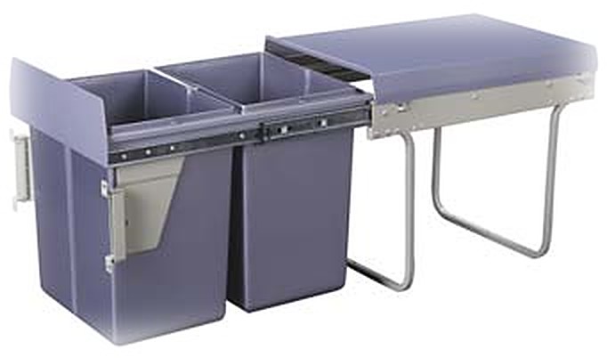 Grey pull-out twin waste bin, two 20 litre containers on a runner frame